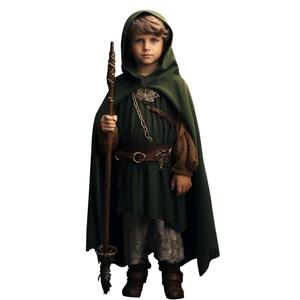VZQI Green Renaissance Costume for Boys - Kids Medieval Cloak With Hood Halloween Ranger Wizard Elven Hooded Cape Robe S