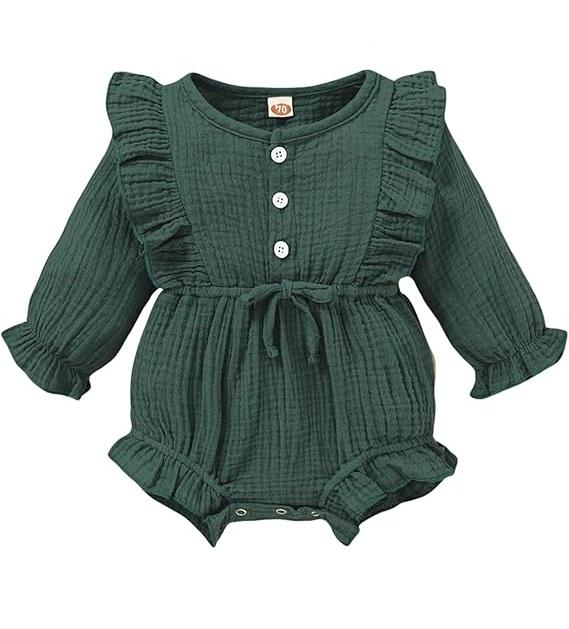 Baby Girl Outfit 6-9 Months Girl Clothes Long Sleeve Baby Green Romper Linen Jumpsuit Bubble One Pieces Romper Fall Baby Clothes Girl 6-12 Months