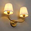 PERMO Vintage Sconce Gold 2 Lights Wall Sconces with Pleated Beige Stripe Fabric Shades Antique Bathroom Double Sconces Hardwired for Farmhouse Bedroom Hallway