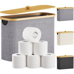Lifewit Toilet Paper Storage Holder for 9 to 12 Rolls, Free Standing Toilet Paper Basket Stand with Bamboo Lid, Collapsible Fabric Bathroom Organizer Box for Mega Rolls, 23L, Large, Light Gray