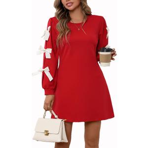 Cocktail Dresses for Wedding Guest Women's Christmas Spring Long Sleeves Round Neck Elegant Bow Party A Line Mini Red Dress 523 Red, M