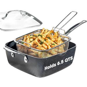 Granitestone Nonstick Fry Pan Set 9.5inch Deep Square Frying Pan Frying Basket Steamer Glass Lid 5 Pcs