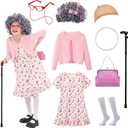 100 Days of School Costume for Girls, Old Lady Costume for Kids, Granny Grandma Dress Up (3-4yr, Pink-set 3)