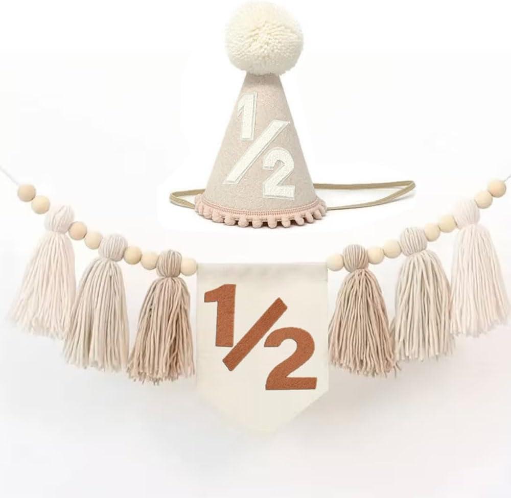 6 Months Birthday Decoration 1/2 Boho Neutral High Chair Banner with Cone Hat for Baby Boy Girl Half Birthday Decorations