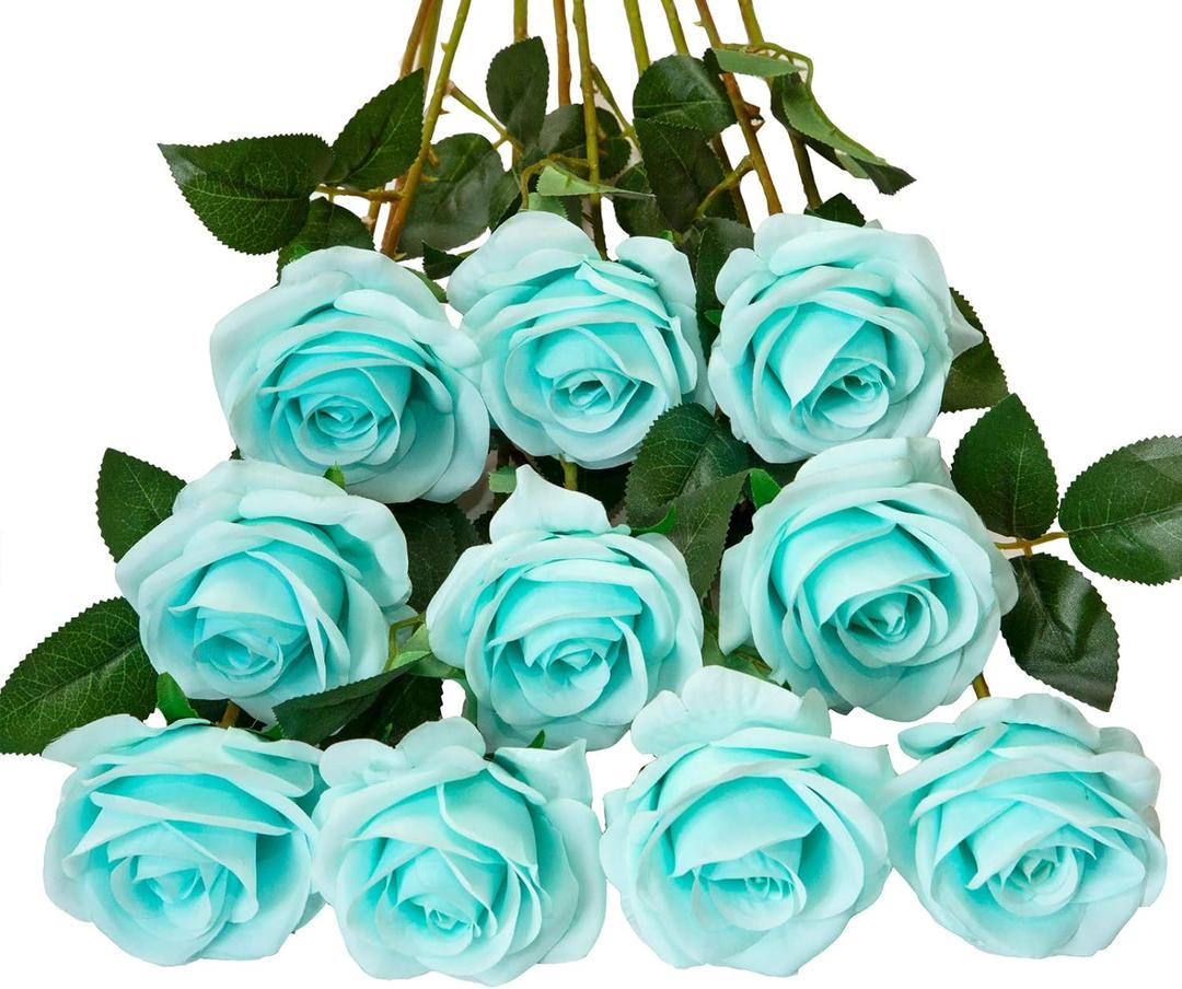 DuHouse 10pcs Fake Roses Artificial Silk Flowers Faux Rose Flower Long Stems Bouquet for Arrangement Wedding Centerpiece Party Home Kitchen Decor(Teal Blue)