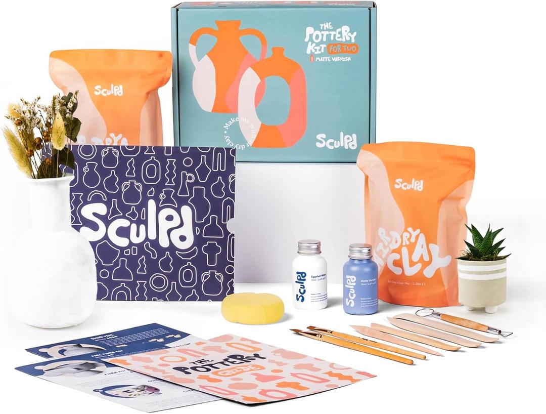 Sculpd - The Original Pottery Kit for Adults - Includes Air Dry Clay for Adults, Sculpting Tools, Varnish, Paint Brushes, Guides, Couples Date Night Arts & Crafts Set, Gloss Varnish