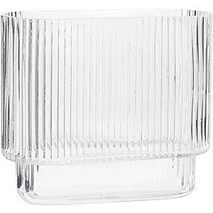 YANWE1 Ribbed Vase, Fluted Glass Vase for Flowers, Clear Flower Vases for Tulips, Modern Vases for Living Room, Dining Table, Office, Bedroom, Mantle, Shelf, Wedding, 7 Inch