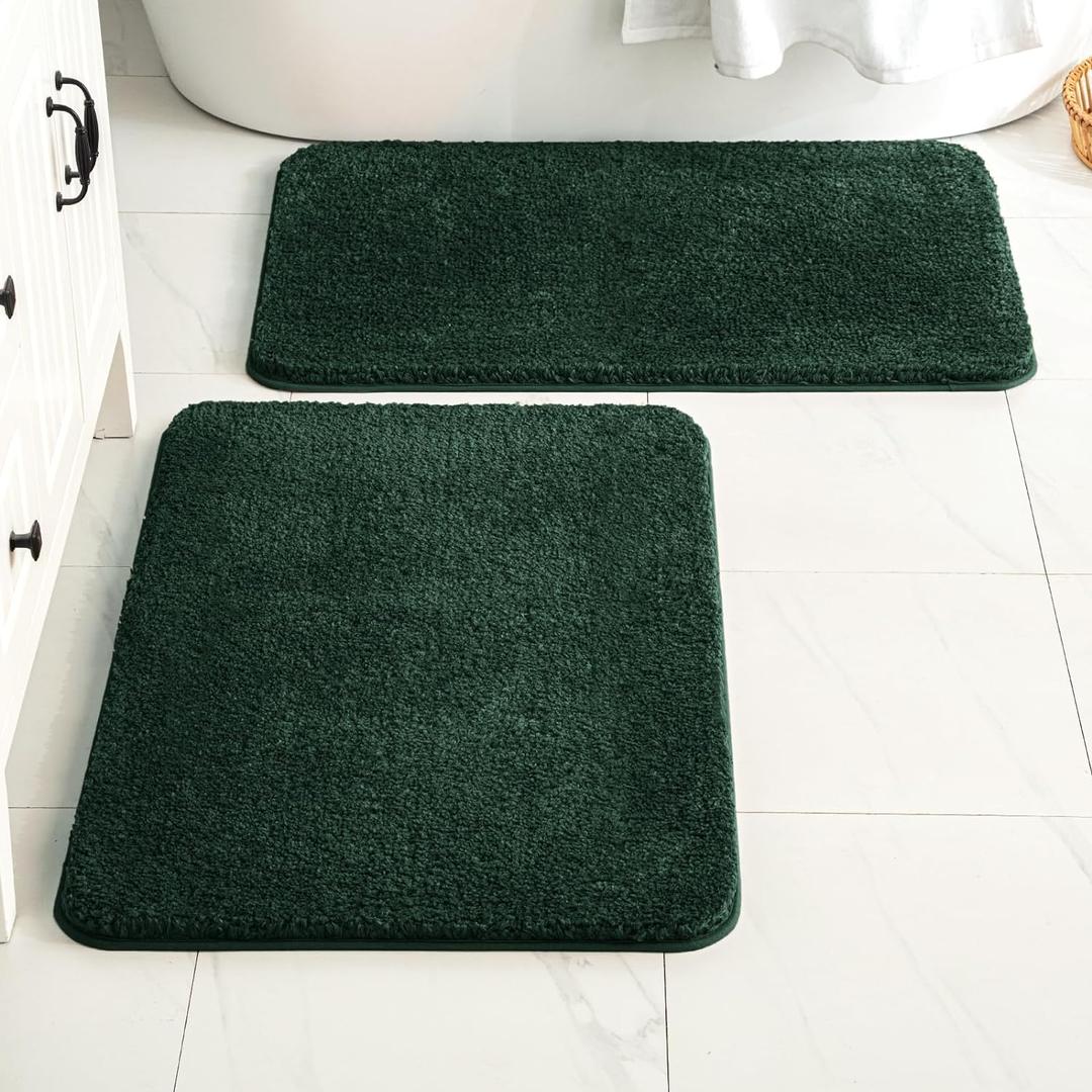 MIULEE Dark Green Bathroom Rugs Set 2 Piece, Non Slip Bath Mat with Absorbent Microfiber, Ultra Soft Thick Rugs for Bathroom Floor Tub Shower, Machine Washable (24 x 36 Inches)