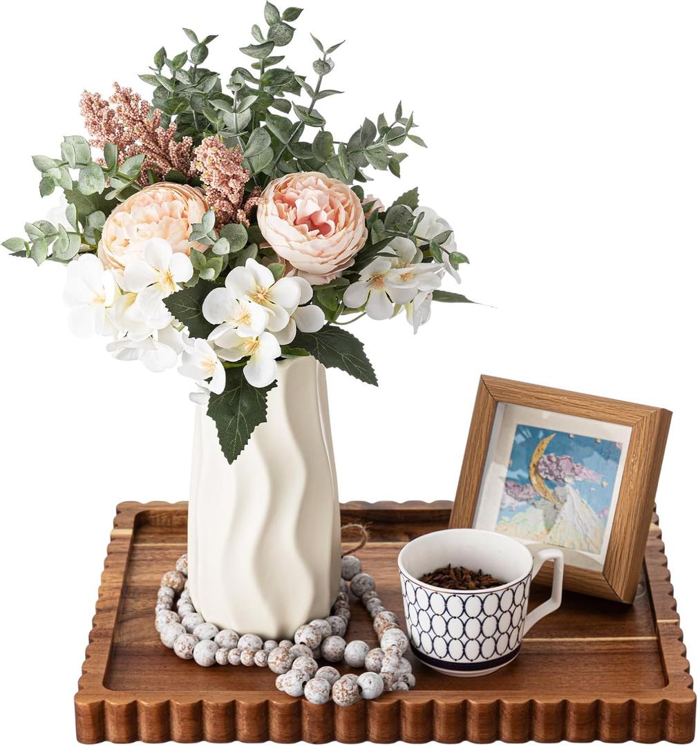Lounsweer Acacia Wood Decorative Tray for Home Decor, 14'' x 10'' Wooden Serving Tray for Coffee Table Centerpiece Dining Kitchen Island Decoration Bathroom Counter Display