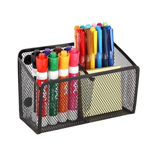 Ameceres Magnetic Pencil Holder - Extra Strong Magnets Mesh Marker Holder Perfect for Whiteboard, Refrigerator and Locker Accessories (2-Compartment, Black (1 Pack))