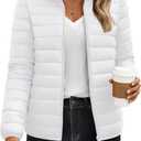 YUCOLEN Women's Puffer Jacket Lightweight Packable Quilted Jackets Winter Stand Collar 4 Pockets Zip Up Padded Coat Outwear (White, M)