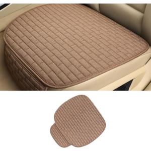 Linen Back Car Seat Cover, Anti-Slip Long Bottom Rear Seat Cover Protector with Storage Pockets, Breathable Linen Rear Bench Seat Protector Cushion Pad for Most Vehicles (Brown, Front Cover)