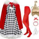7Pack Christmas Red Costume Kids Girls Christmas Dress with Wig Long Blonde Braid with Red Beads Necklace Bow (2XL/11-12Y)