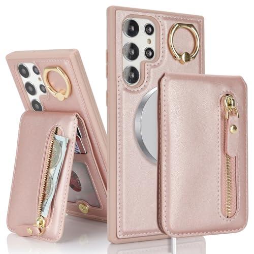 DEYHU for Samsung Galaxy S23 Ultra Phone case with Card Holder with Compatible magsafe Magnetic, Key Chain PU Leather Flip Kickstand Detachable 2-in-1 Wallet case Women Men-Pink