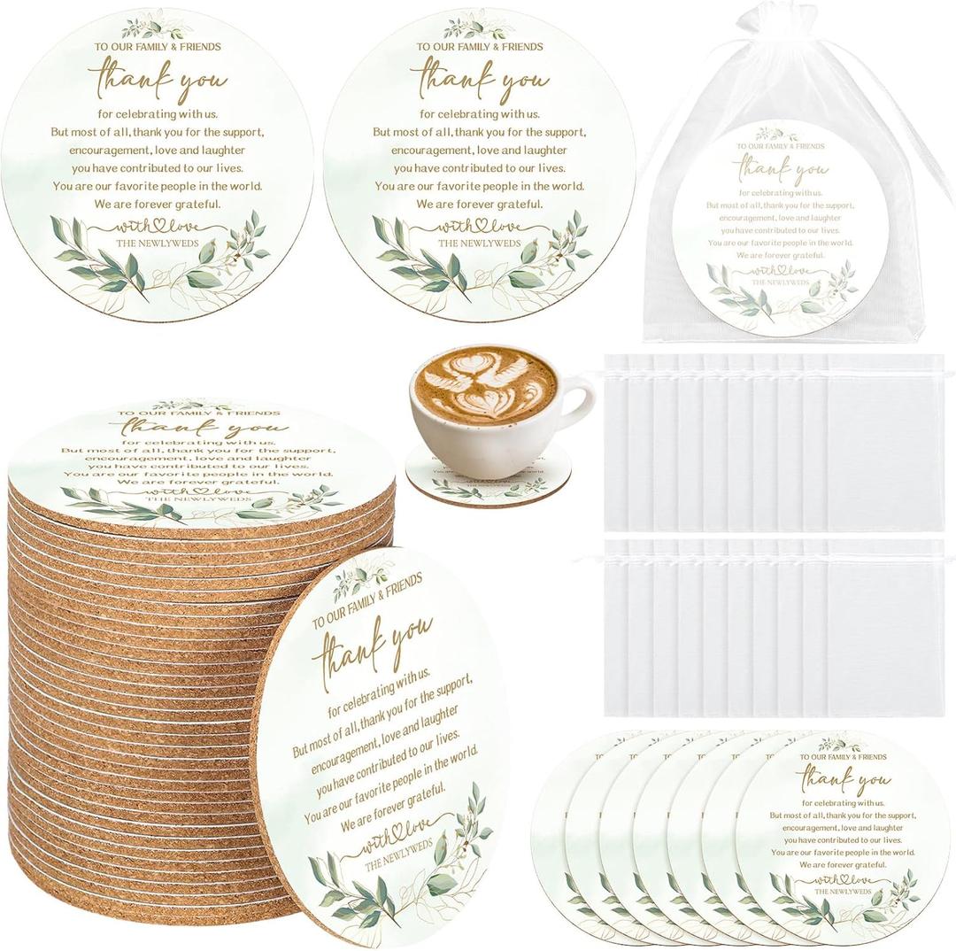 Hushee 200 Pcs Wedding Favors for Guests Cork Coasters Bulk Thank You for Celebrating with Us Party Decoration Wood Coaster Rustic Wedding Gift Bridal Shower Party Favors (Eucalyptus Leaves)