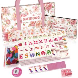 1.2” American Mahjong Set Complete - 168 Pink Floral Melamine Tiles, 4 Upgraded Non-Slip Mahjong Racks with Pushers, Bag, Dice & Chips, Pretty Mah Jongg Gift for Women Mom Birthday Beginners