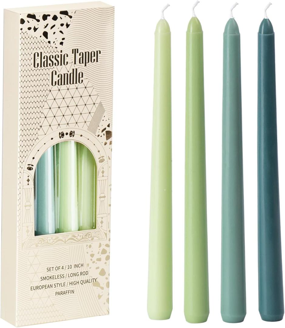 Green Taper Candles 10 inch Gradient Tapered Candles,4 Pack Unscented and Smokeless Long Burning Candles with Cotton Wicks, Tall Candlesticks for Weddings, Christmas, Dinner Parties, and Home Decor