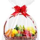 JOYIT 10 Pack Large Cellophane Bags - 3 Mil Thicker Clear Wrap with Strings for Gift Baskets, Opalion Bags with Red Ribbons