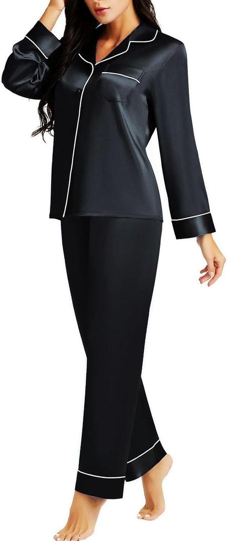 Womens Silk Satin Pajamas Set Sleepwear Loungewear Black 3XL