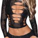 SHENHE Women's Sheer Mesh Crop Top Sexy Long Sleeve Lace Going Out Shirt Cutout Goth Rave Top (Medium, Black)
