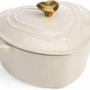 Paris Hilton Enameled Cast Iron Dutch Oven Heart-Shaped Pot with Lid, Dual Handles, Works on All Stovetops, Oven Safe to 500F, 2-Quart, Cream
