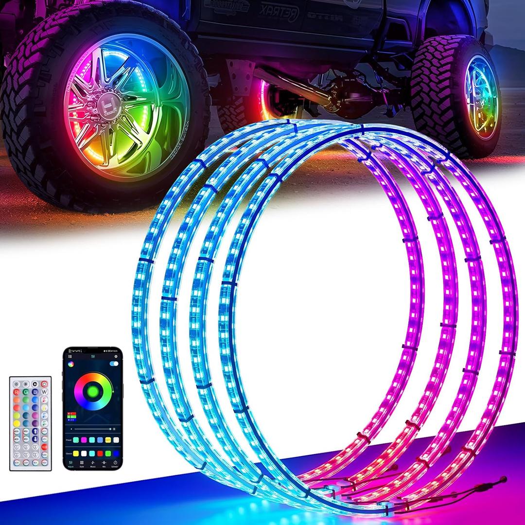 Ehaho 17" Double Row Wheel Lights, Brighter RGB Dream Chasing LED Rim Lights with App & Remote Control, Music Wheel Ring Light with Turn & Braking Signal Compatible with Various Trucks SUV Car4PCS