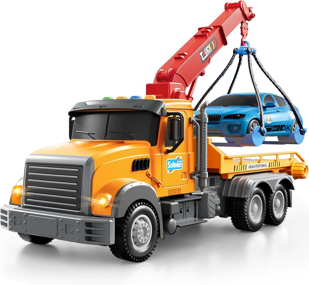 Kids Tow Truck Toy for Boys Age 3-5, Friction Powered Crane Transport Vehicle with Light and Sound, Flatbed Truck Toy, Birthday Gifts for Toddlers Boys Girls