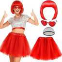 PLULON Red Bob Wig with Tutus Heart Sunglasses for Women Costume, Fun Party Bob Wigs with Bangs Colored Hair 80s Fairy Tulle Tutu Skirt for Christmas Birthday Cosplay Fancy Dress Bachelorette Party, One Size
