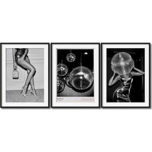 Fashion Wall Art Posters Set of 3, Black and White Prints Glam Disco Ball, High Heels and Party Scene, Modern Nightclub Dance Wall Decor Picture Painting for Bedroom, Bar, Studio, Hotel 16x24 IN Unframed