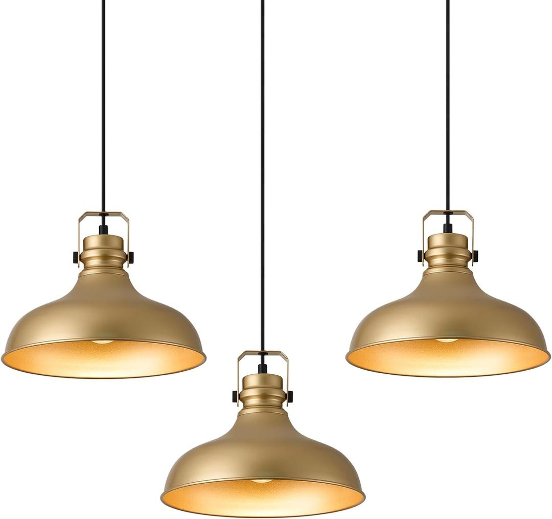 Gold Farmhouse Pendant Lights Matte Pendant Lighting for Kitchen Island Industrial Adjustable Height Vintage Dome Hanging Light Fixtures for Barn, Dining Room 3 Packs