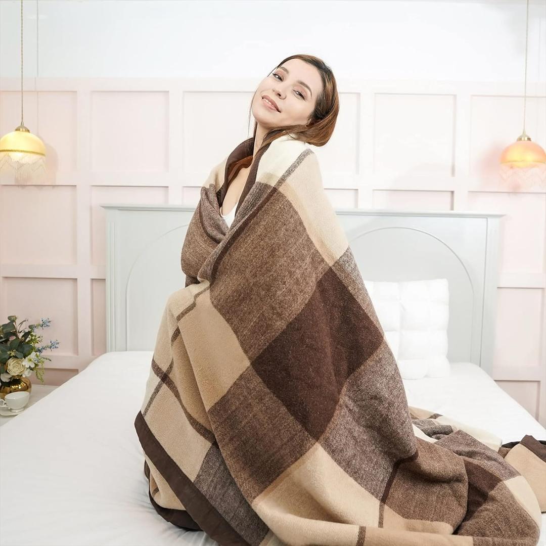 YOUR MOON 100% Pure Wool Blanket Queen Size, Natural Australian Wool Blankets, Medium Weight, Hypoallergenic Blanket for Bed (Coffee, 90 * 90)