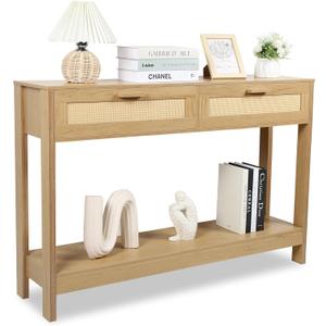 Console Table with Rattan Drawers, Boho Rattan Entryway Table with Storage, Wood Small Console Tables for Entryway, Entry Table for Hallway, Sofa Table