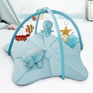 Joypony Baby Play Gyms Mat, Larger Tummy Time Mat with Pillow, Mirror & 5 Sensory Toys, Activity Mat for Babies 0-18 Months, Easy to Install & Clean