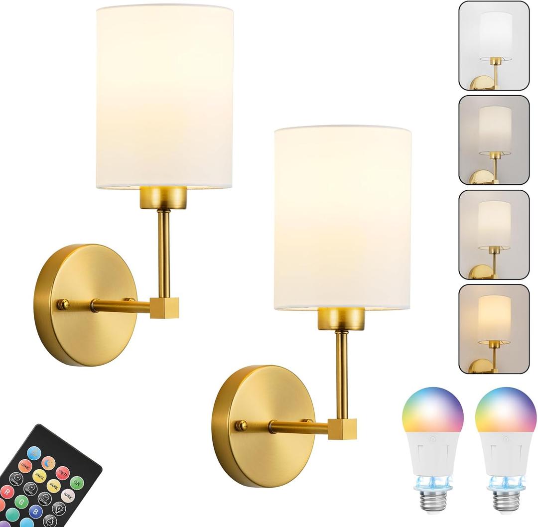 Battery Operated Wall Sconce Set of Two,Wireless Rechargeable Wall Light With Remote Control, Dimmable, 1800K/3000K/4000K/6000K/RGB, Timer, for Living Room, Bedroom, Fireplace, TV, 13.5 Inch, Gold