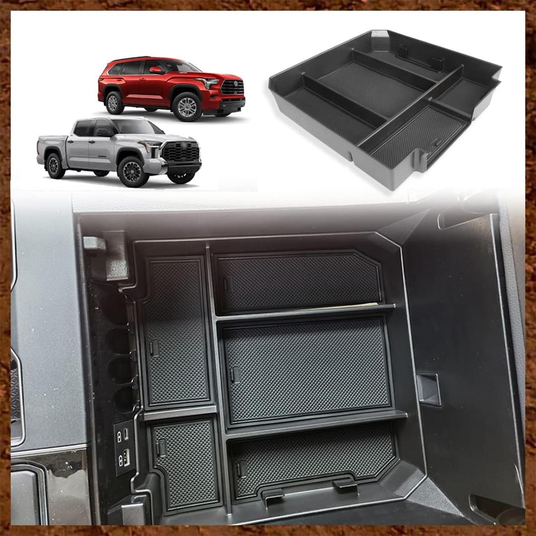 Muslogy Center Console Organizer Compatible with 2022 2023 2024 2025 Toyota Tundra Accessories & 2023-2025 Sequoia Console Storage Box Divider Insert Tray ABS Material with Non-Slip Mats (Rubber Black)