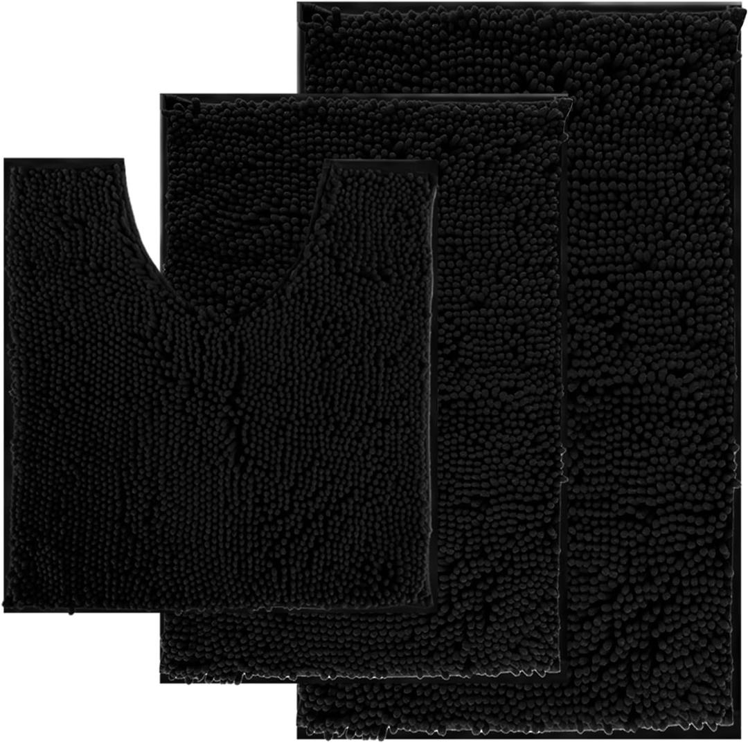 Run Helix Black Bathroom Rug Set Extra Soft Bath Rugs for Bathroom 3 Piece Bathrom Set Anti-Slip Bath Mats Soft Plush Chenille Shaggy Mat Living Room Bedroom Mat Floor Water Absorbent Floor Mat