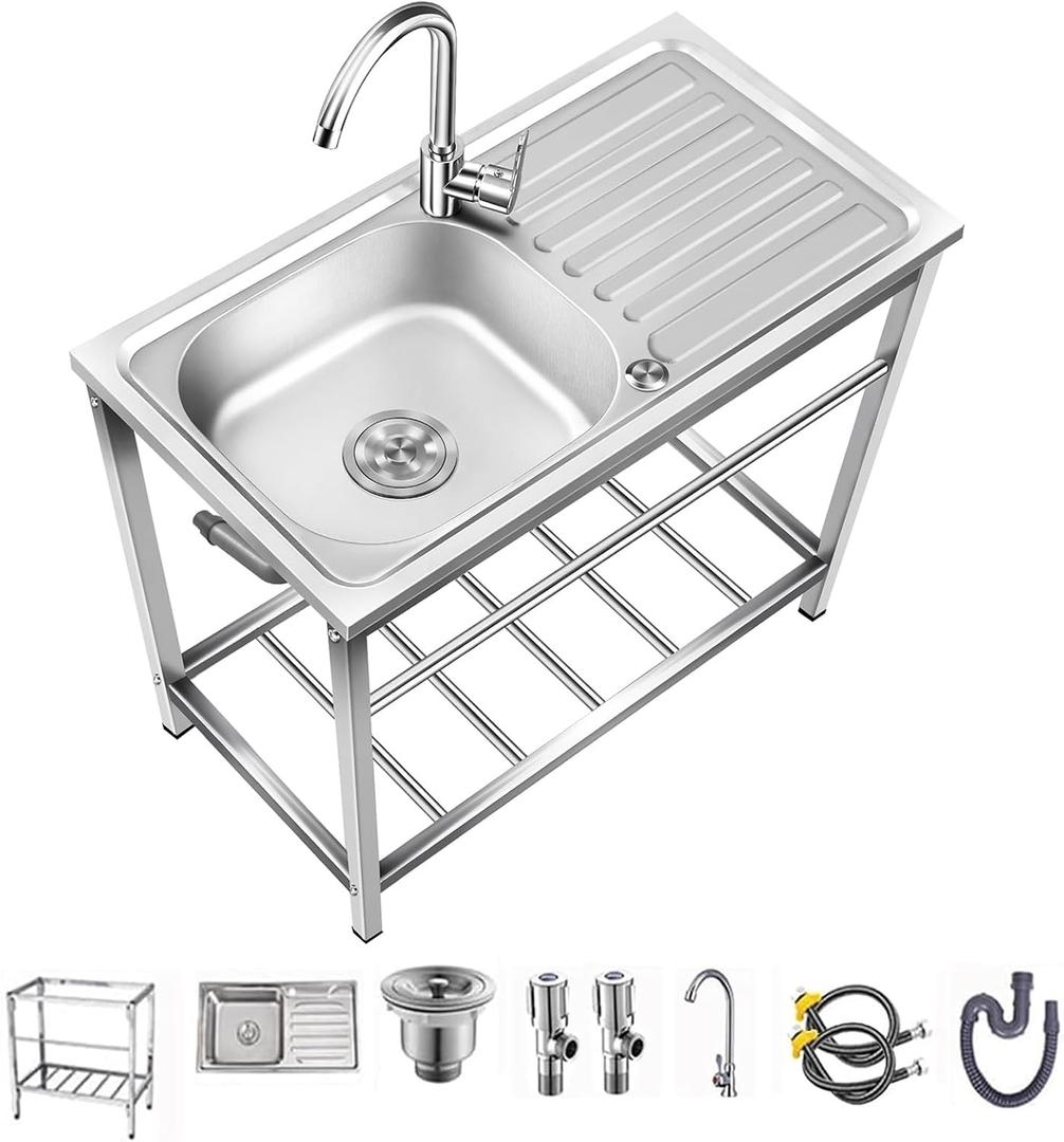 Outdoor Utility Sink, Free Standing Stainless Steel Laundry Tub, Single Bowl Portable Washing Hand Basin Station, Fish Cleaning Table & Storage Shelves for Garage, Restaurant, Kitchen, Camping, Backyard (29.5*15.7*29.5in, Single layer)