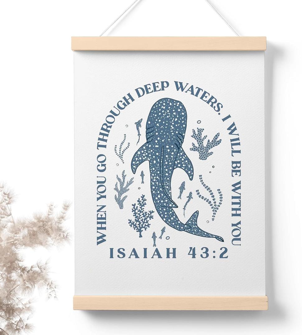 PaJiaNi Whale Shark Christian Nursery Wall Art Decor for Boys Room, Ocean Whale Scripture Bible Wall Art, Christian Decor Poster for Nursery Kids Room Classroom,12x16 Inch