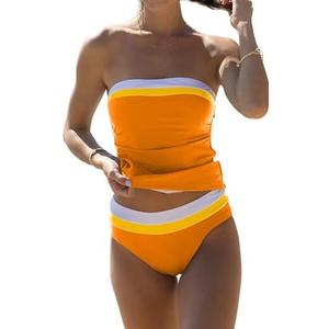 Beachsissi Bandeau Swimsuits for Women Strapless Swimwear Bathing Suits Tummy Control Color Block Tankini Sets Size L