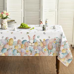 Horaldaily Easter Tablecloth 60120 Inch Rectangular, Easter Eggs Bunny Rabbits Anemone Flowers Washable Seasonal Table Cover for Party Picnic Dinner Decor (White)