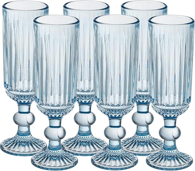 Colored Champagne Flutes Set of 6,5 OZ Elegant Striped Colored Wine Glasses,6 PCS High Transparency Glass Goblets for Wine Wedding Party Bar Drinking Cups Fancy Glasses and Gift Blue