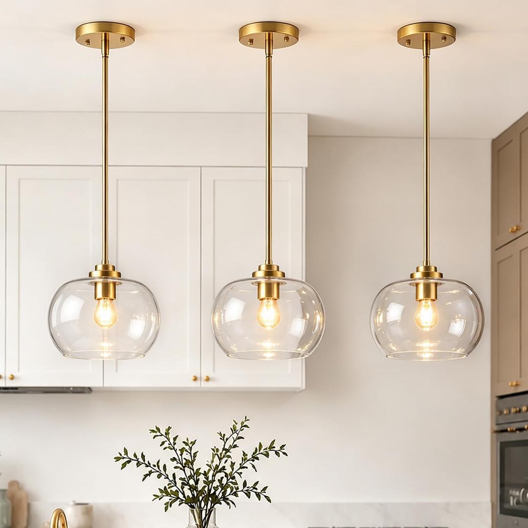 3 Pcs Gold Pendant Lights Kitchen Island 8.7in Clear Glass Shade, 8.7x8.7x5.1 inch