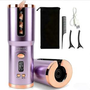 Cordless Automatic Curling Iron, 6 Temp Settings, All Hair Types, 6500mAh Max Battery, Type-C Fast Charge, Ceramic Ionic Hair Curler for Travel & Outdoor Use, Anti-Scald Auto Shut Off(150-200 ℃) Purple