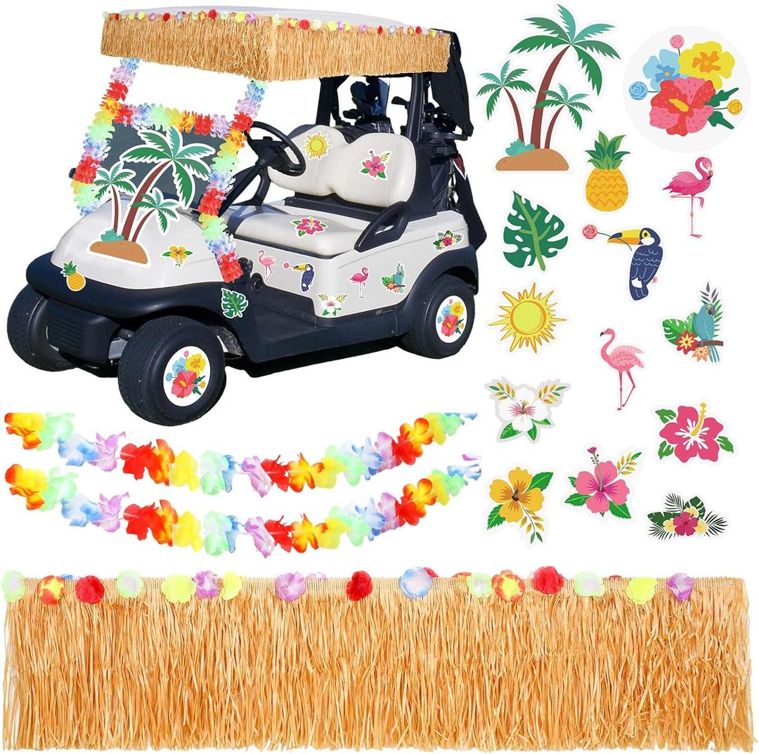 Zeyune 19 Pcs Summer Parade Golf Cart Decorations Kit Hawaiian Luau Grass Fringe Banner 19.7 ft Plastic Flower Lei Garland Summer Luau Stickers for Golf Cart Summer Theme Decorations