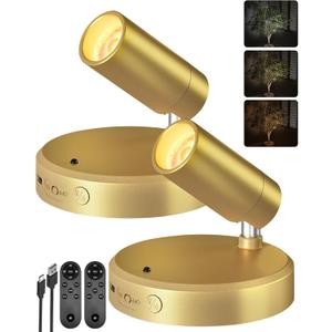 EZVALO LED Spotlight Indoor, 5500mAh Rechargeable Battery Uplighting Indoor, Wireless Mini Art Accent Spot Lights with Remote, for Plants, Display,Painting, Dartboard, Artwork, Portrait (2Pack-Gold)