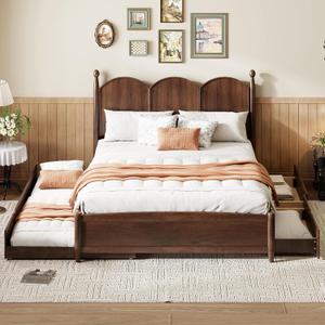 Merax Queen Size Platform Bed with 2 Storage Drawers and Twin XL Size Trundle, Rustic Design Wooden Bed Frame, Walnut