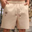 Men's Cotton Shorts Drawstring Waist Embroidered Tree Summer Vacation Beach Shorts (Beige, L)