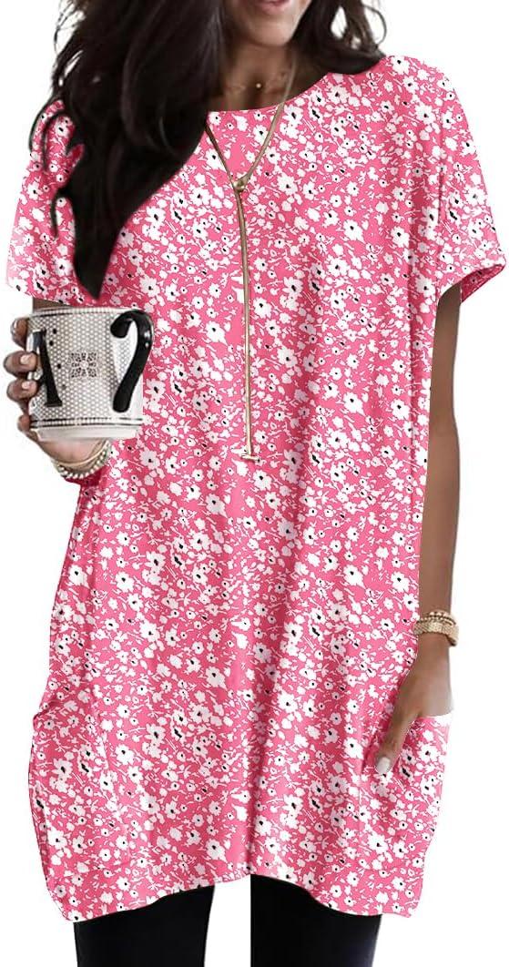 Naggoo Womens Short Sleeve Tunic Tops for Leggings Summer Casual Long Shirt with Pockets Floral Print T-Shirts (S)