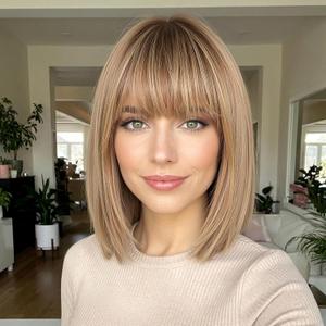 12 Inch Ombre Ash Blonde Human Hair Wig, Bob Wig Human Hair, Human Hair Wig With Bangs, Real Hair Wigs For Women, real human hair wigs