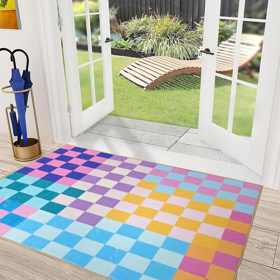 Multicolored Checkered Rug 2x3 Small Modern Aesthetics Washable Non-Slip Checkerboard Rug Indoor Entrance Carpet for Entrance Bedroom Kitchen Bathroom